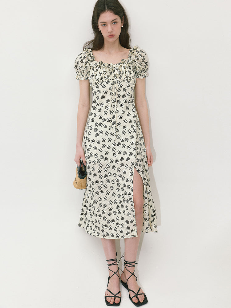 Velvet Print U-neck Tie Puff Sleeve Slit Maxi Dress