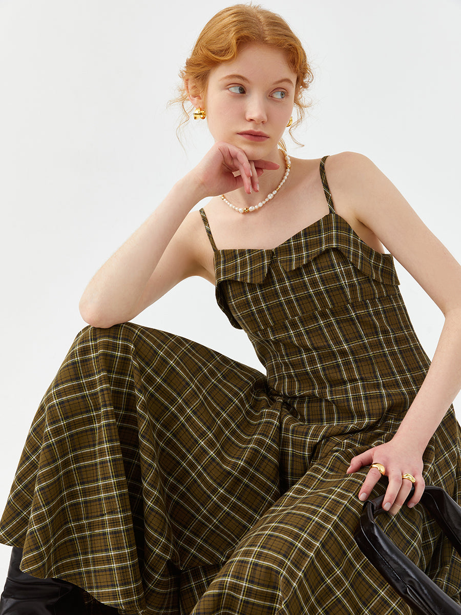 Irregular Strap Plaid Color Block Dress