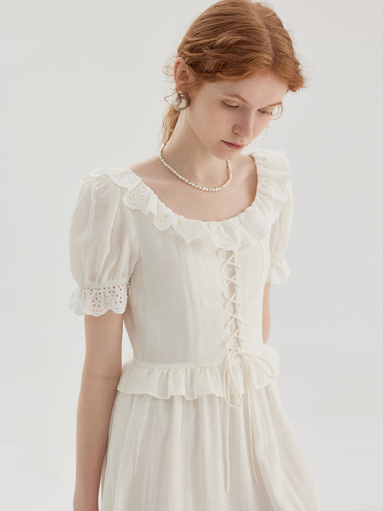 High Waist Puff Sleeve Tie A-line Maxi Dress