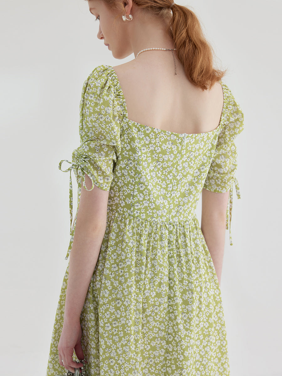 Square Neck Floral Tie Waist Dress