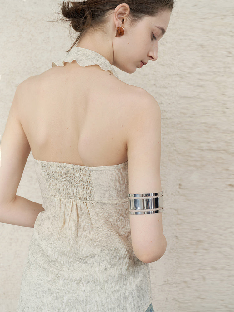 Textured Ruffle Halter Neck Top with Knot Detail