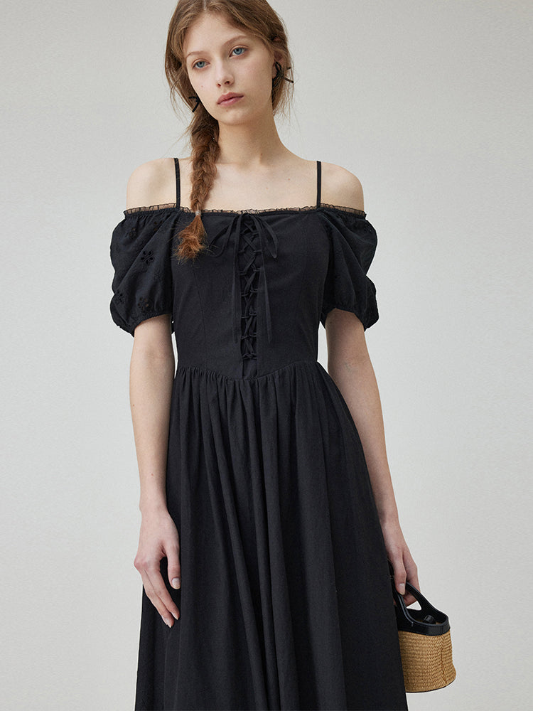 Bow Tie Square Neck Puff Sleeve Dress