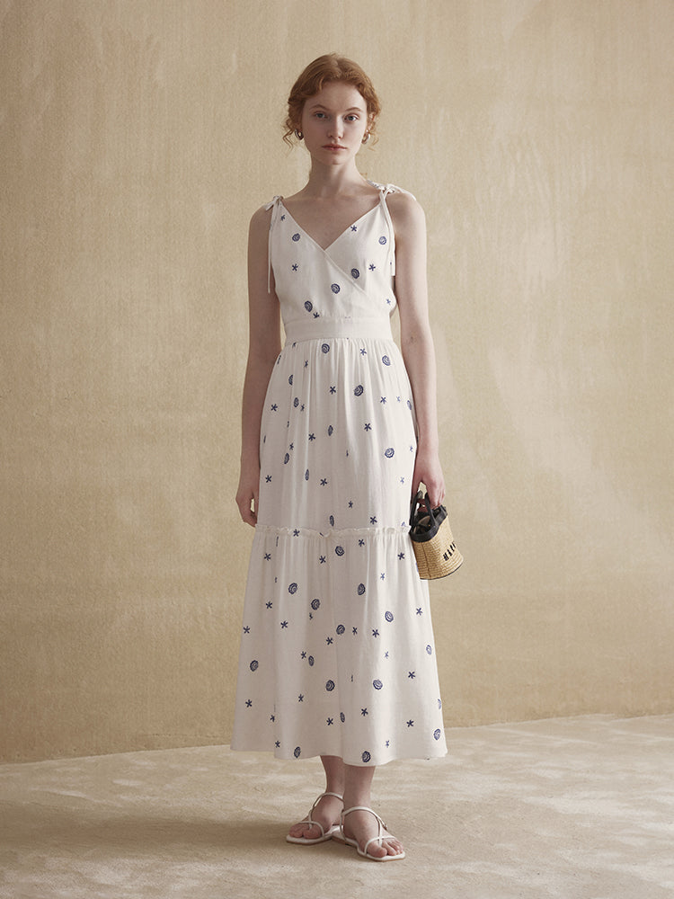 V-neck Embroidered Cinch Waist Strap Dress