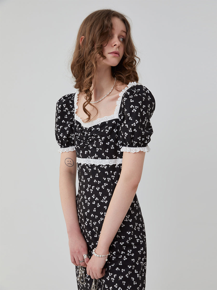 Black Floral High Waist Dress