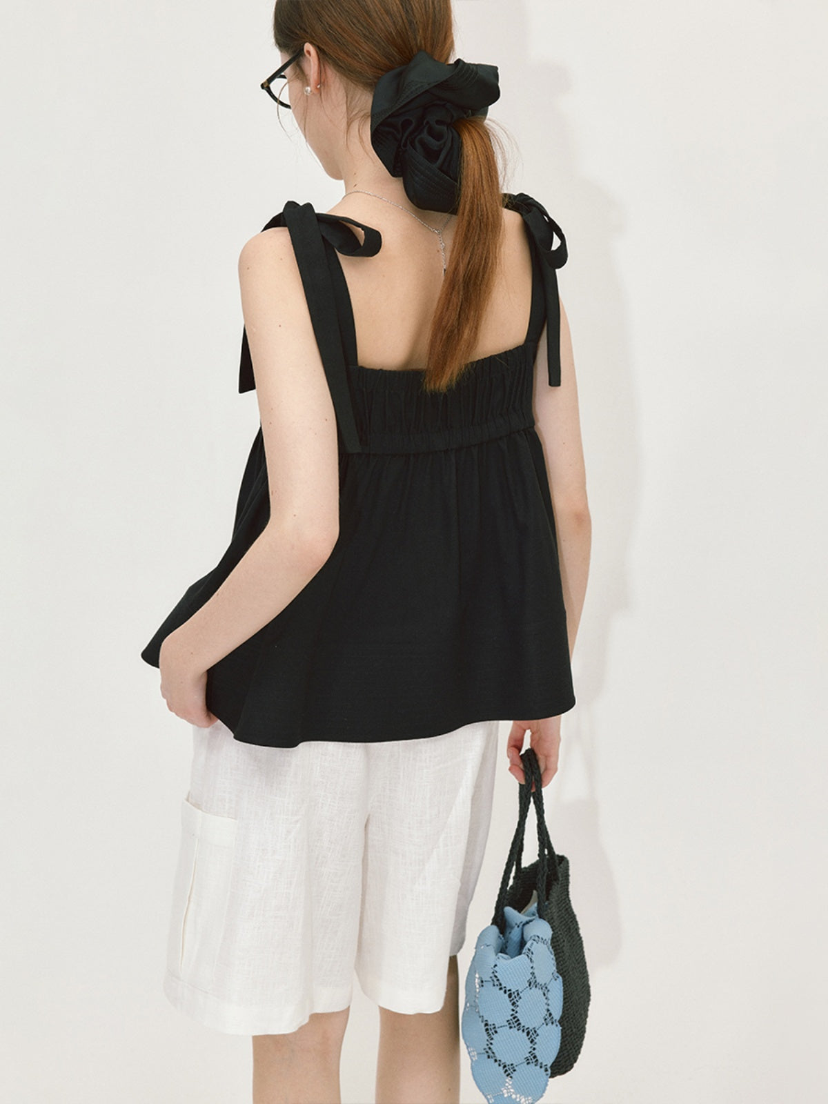 Square Neck Bow Tie Linen Vest Top