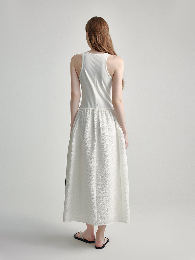 베이지 민소매 신치 웨이스트 맥시 드레스