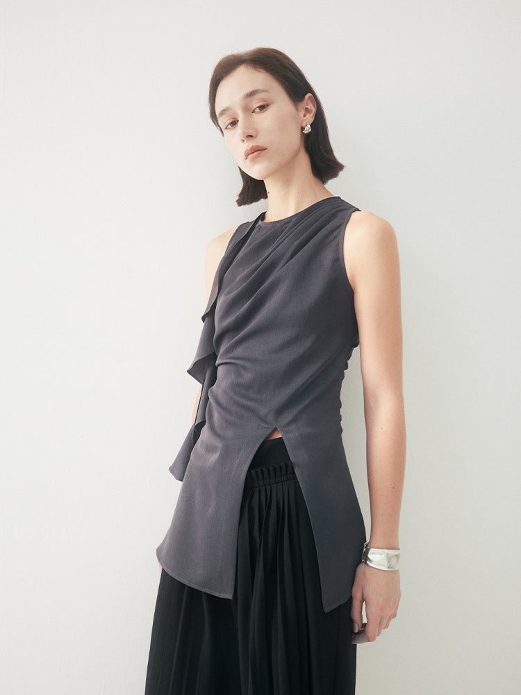Ruffle Trim Pleated Satin Textured Tank Top