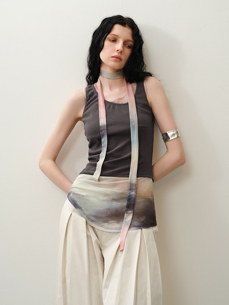 Artistic Gradient Knit Halter Top with Mesh Overlay