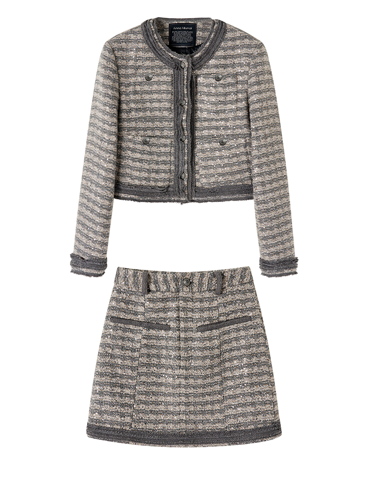 셋업 슈트 시퀸 우아한 노카라 재킷&미니 스커트