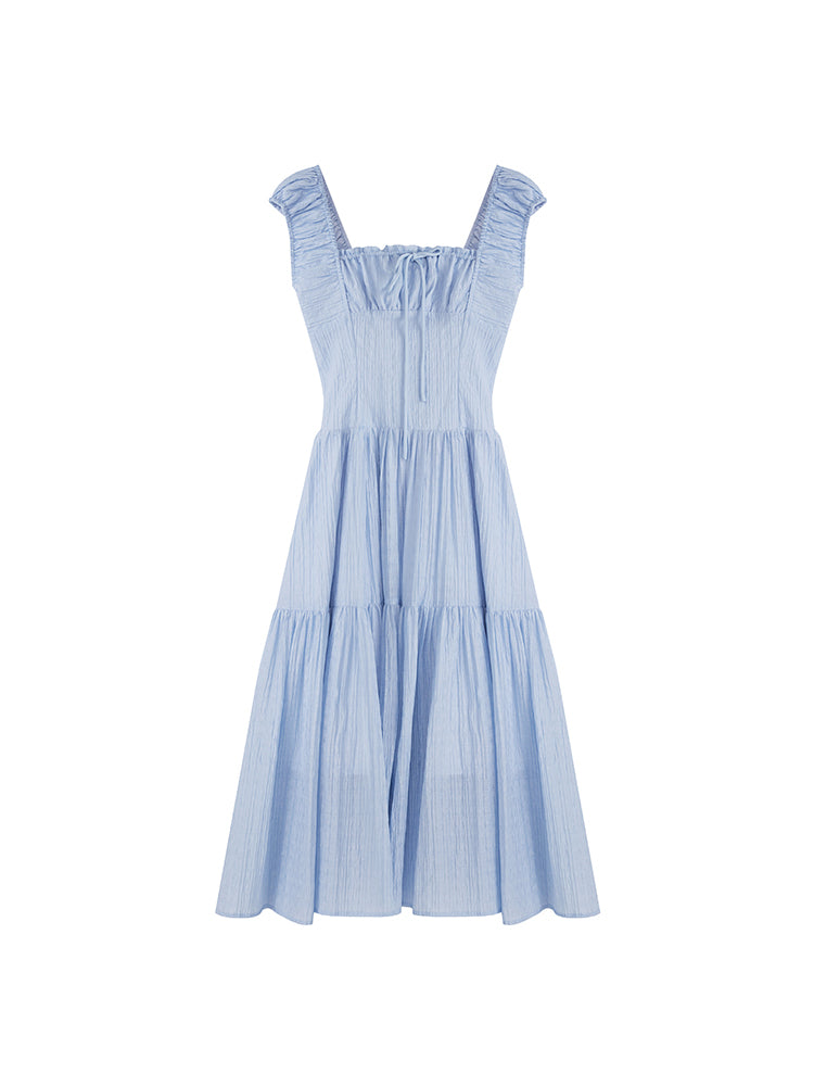 テクスチャードスクエアネック ウエスト絞りミディドレス