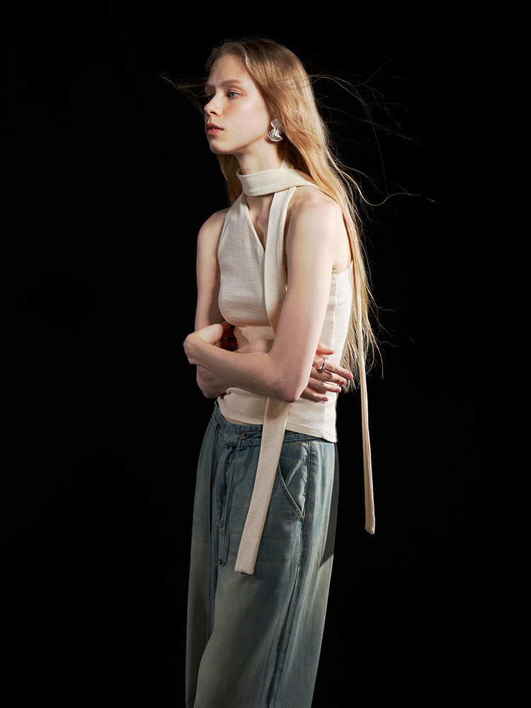 Textured Scarf-Tie Asymmetrical Top