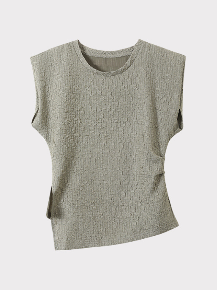 비대칭 숄더 주름 텍스처드 반소매 티셔츠