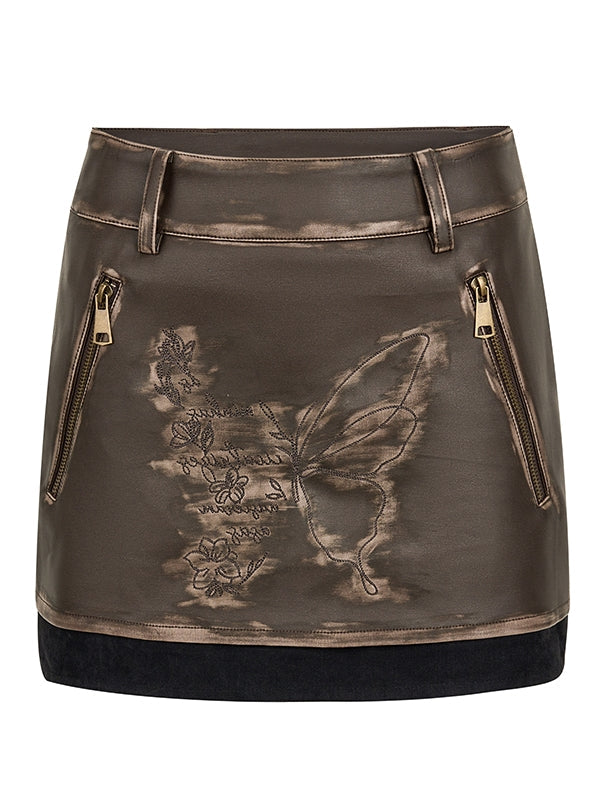 Vintage Retro Butterfly Embroidery Plain Letaher-Skirt