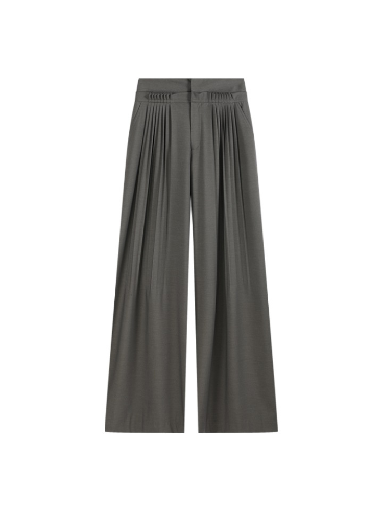 통기성 러플 트림 플리츠 와이드 레그 팬츠