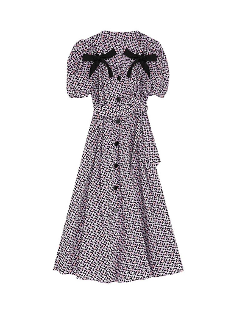 플로럴 퍼프 슬리브 보타이 드레스