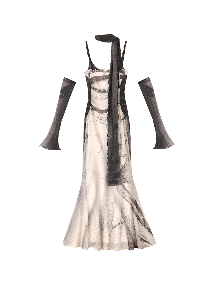 나이트 이스케이프 메쉬 프린트 머메이드 드레스