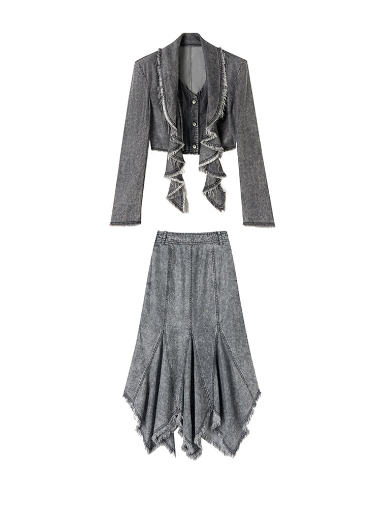 데님 태슬 캐주얼 러플 탑&스커트