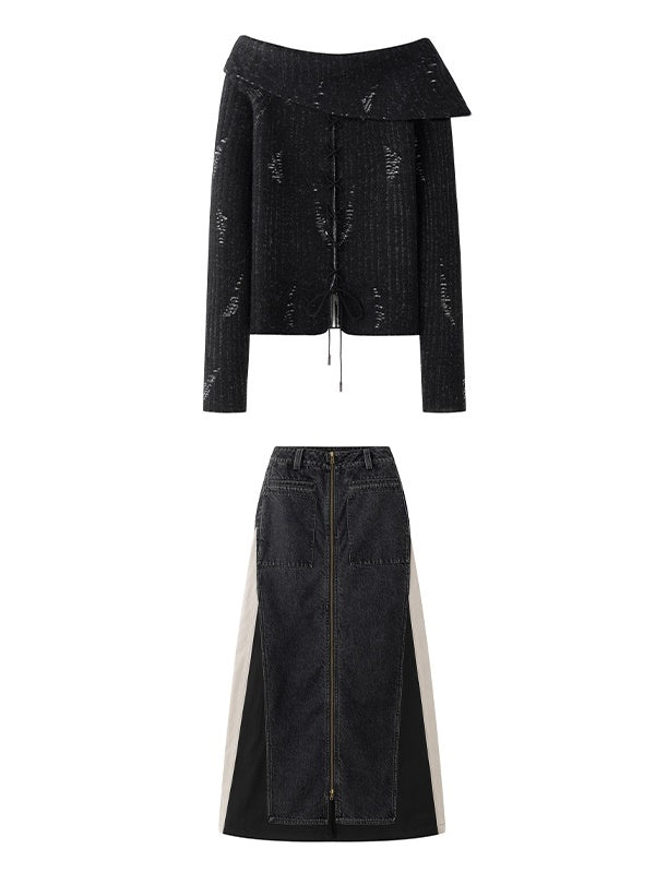 오프숄더 데님 캐주얼 다크 니트&데님-스커트