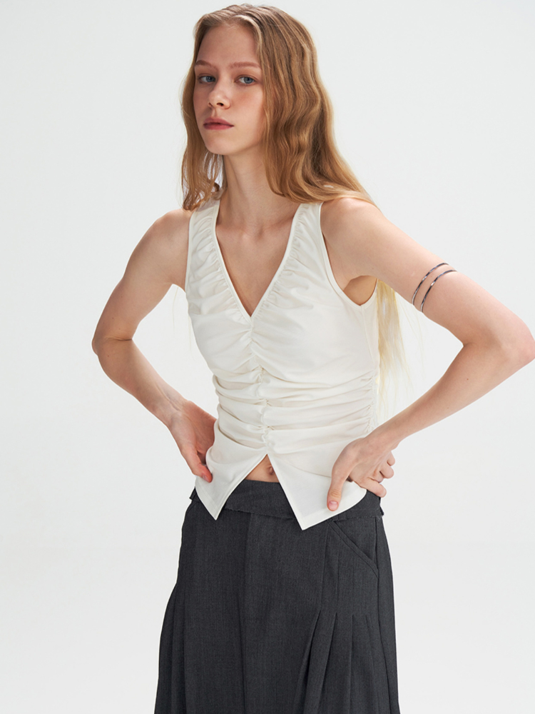 White Ribbed V-neck Pleated Slim Fit Tank
