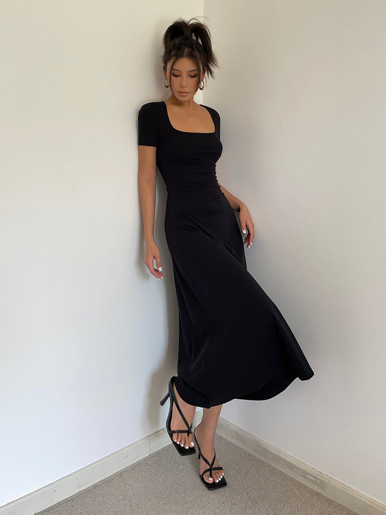 Short Sleeve Flare Maxi Dress in Black  FancyAdd