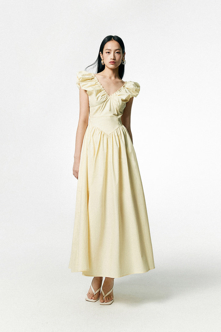 Gathered Drop Waist Maxi Dress in Yellow – FancyAdd