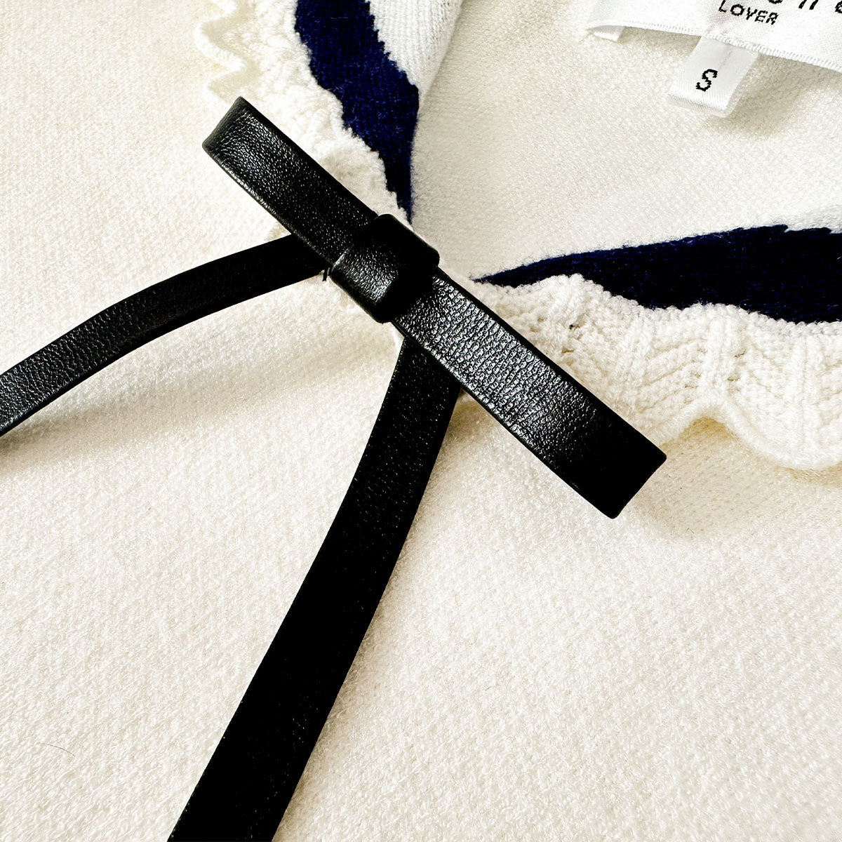 Kroche Color Blocked Bow-Knot Sailor Collar Knit Top White