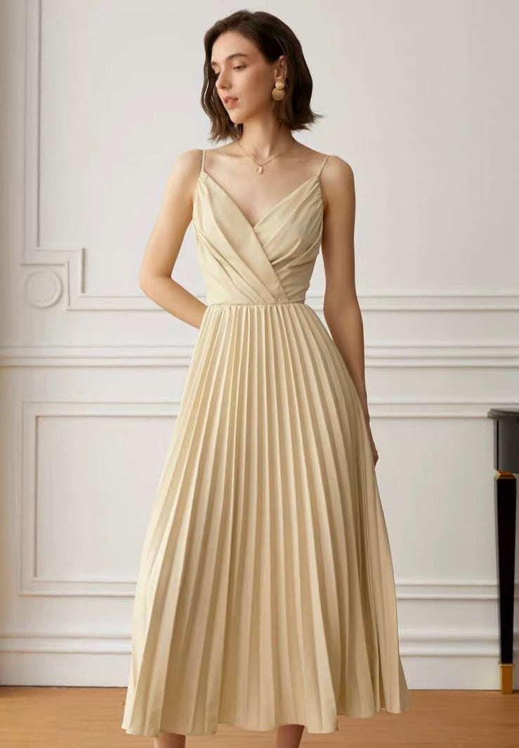 Cami Pleated Midi Dress in Beige – FancyAdd