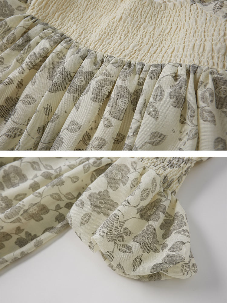 バルーンフラワープリンセスパフスリーブギャザーレトロワンピース