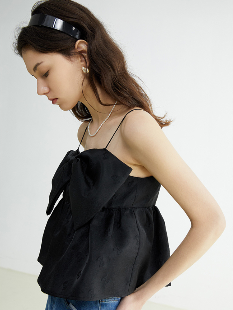 ブラック ジャカード ボウ ノースリーブ トップス