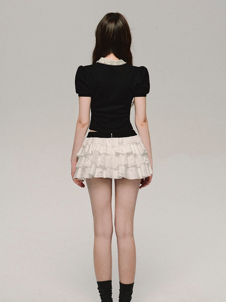 レースビジューバイカラーシックパフスリーブキュートトップス