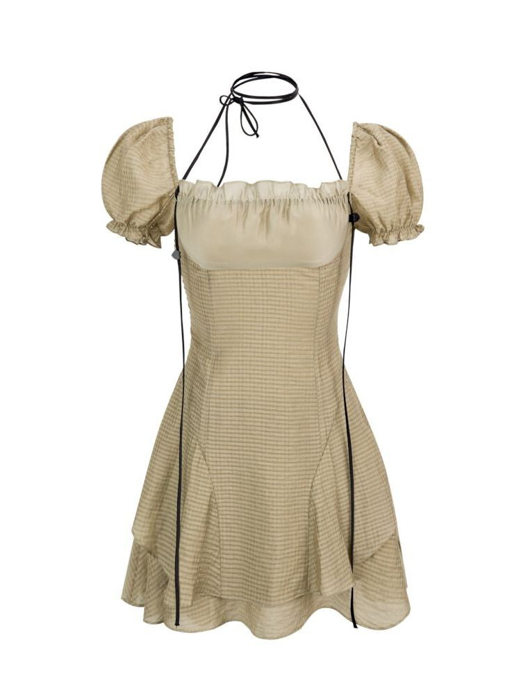 글로시 퍼프 슬리브 체크 원피스