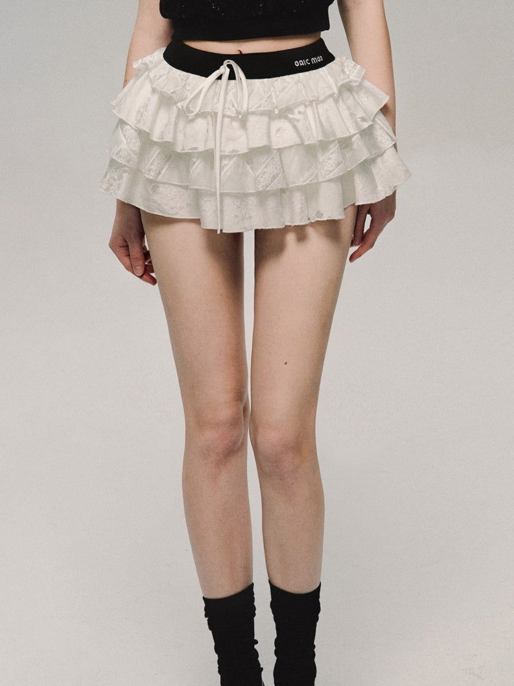 티어드 레이스 걸리시 마이크로 미니 캐주얼 케이크 미니스커트