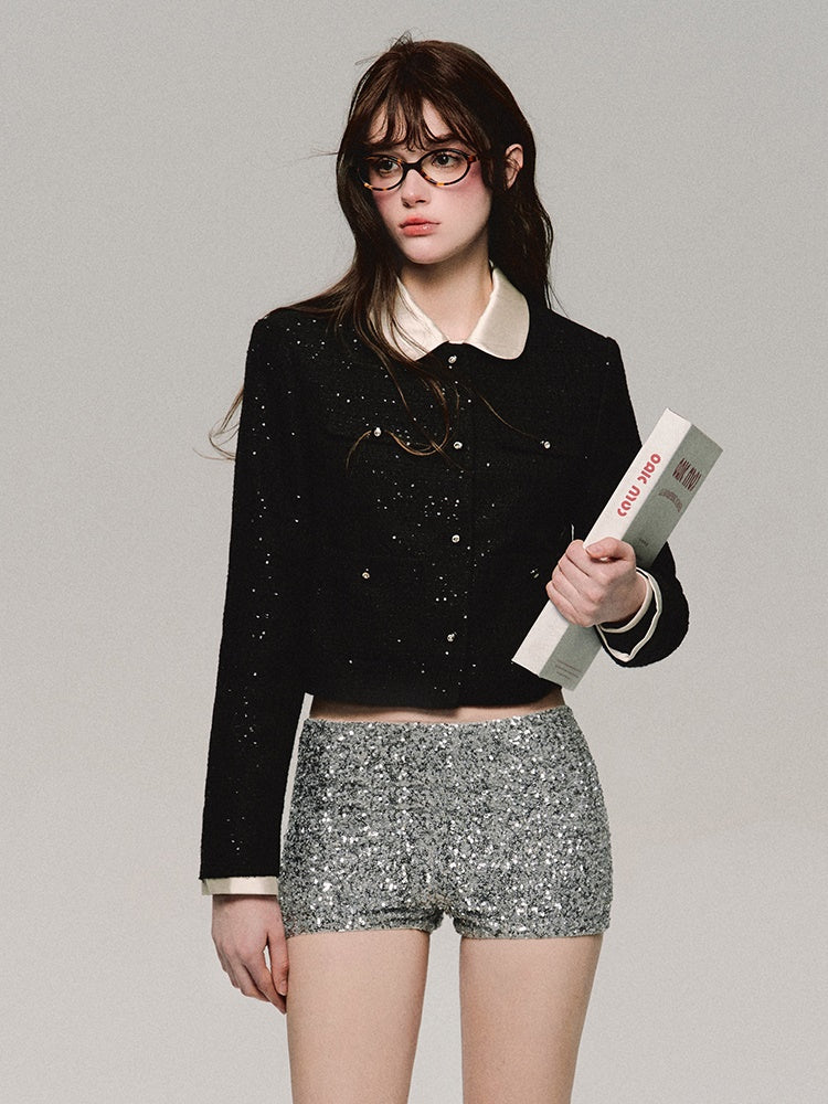 スパンコールグリッターニチスリムフィットショートパンツ