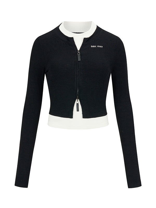Double-Zip Tight Monotone Cropped Knit