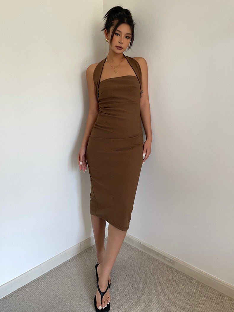 Halter Bodycon Midi Dress in Brown FancyAdd Halter Bodycon Midi Dress in Brown FancyAdd