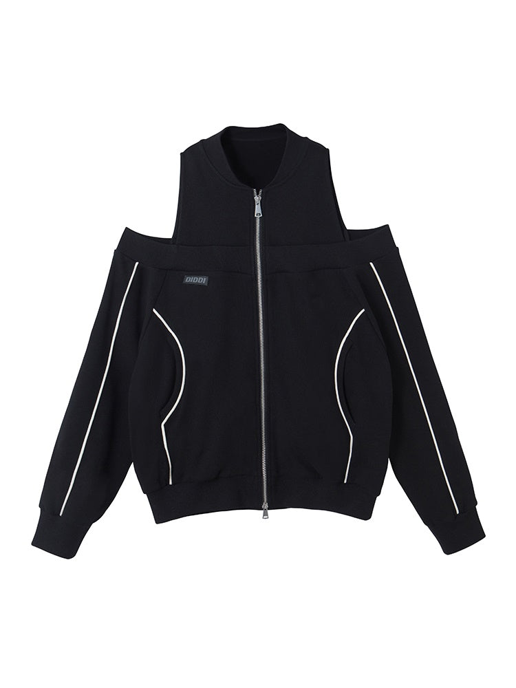 オープンショルダーダブルジッパーカジュアルニチトップス