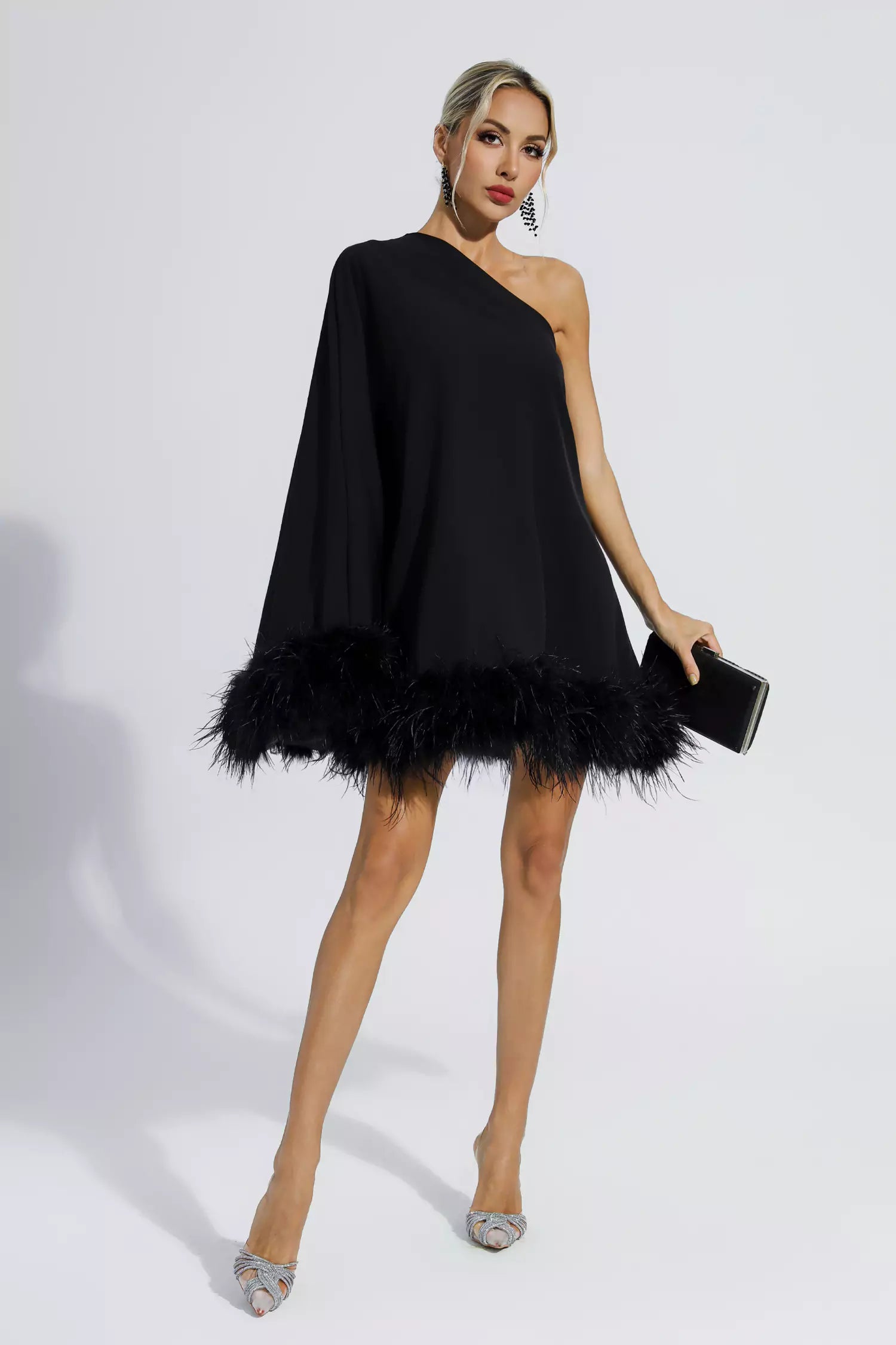 Ailani Black Feather Trim One Shoulder Mini Dress FancyAdd Ailani Black Feather Trim One Shoulder Mini Dress FancyAdd