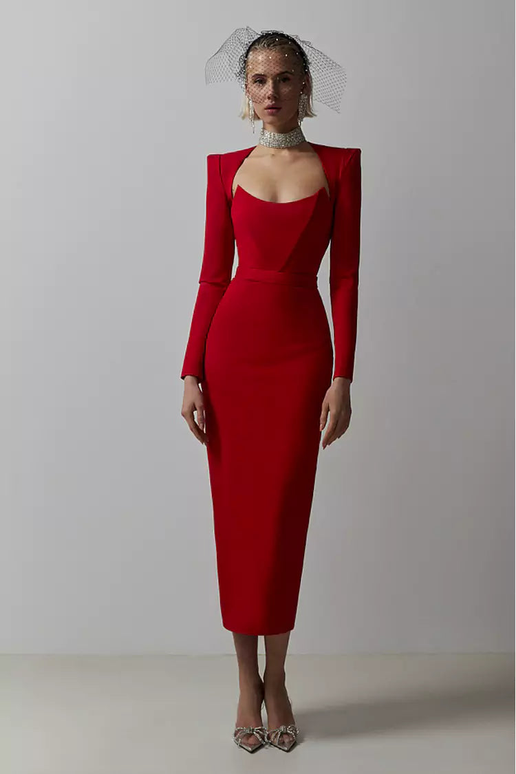 Alaina Red Long Sleeve Midi Work Dress FancyAdd Alaina Red Long Sleeve Midi Work Dress FancyAdd