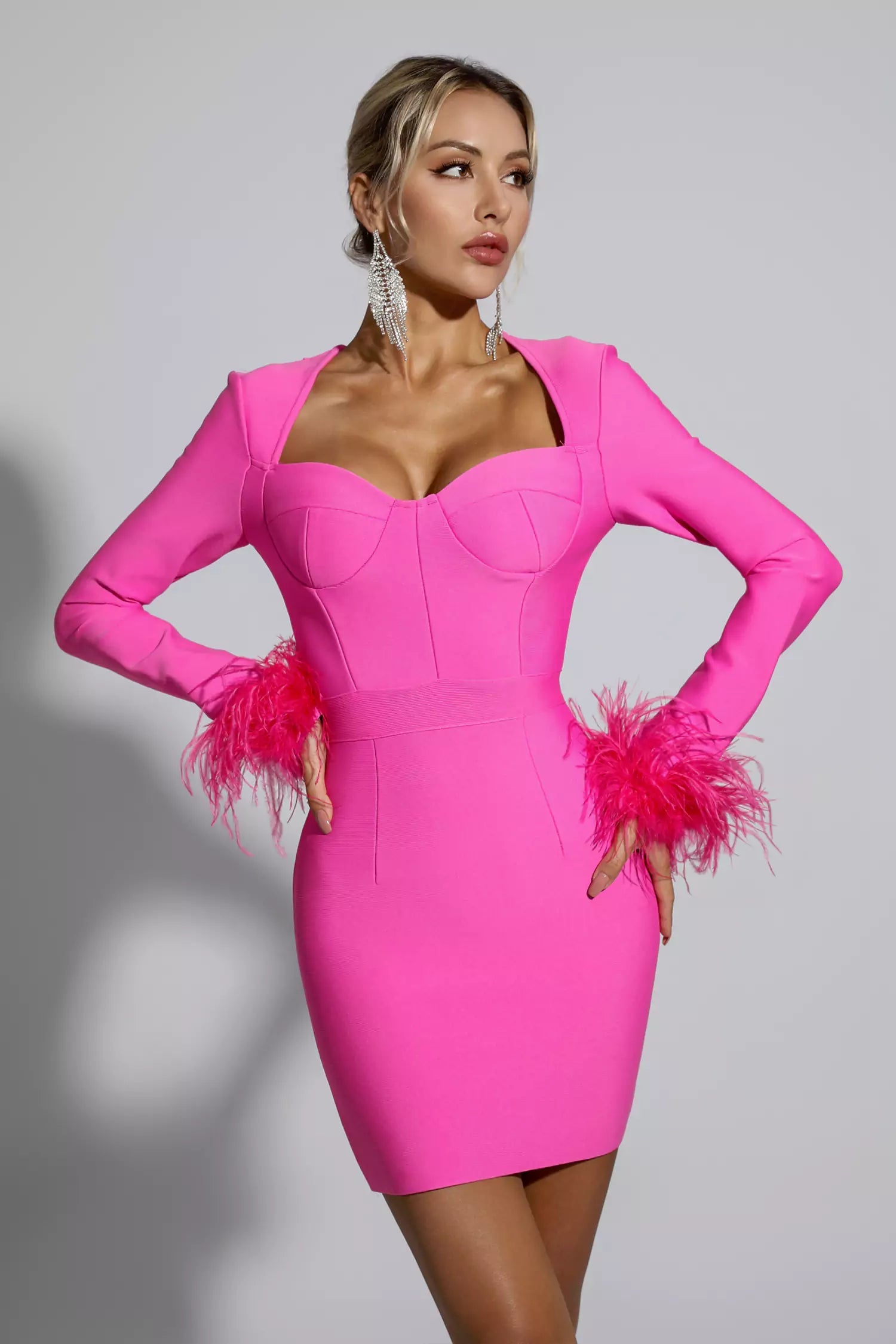 Aspen Pink Feather Bodycon Mini Dress FancyAdd Aspen Pink Feather Bodycon Mini Dress FancyAdd