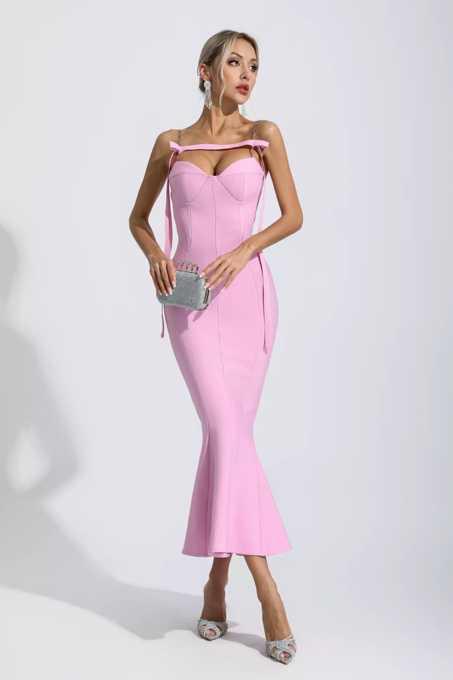 knee length dresses for ladies Averie Pink Bandage Maxi Dress – FancyAdd