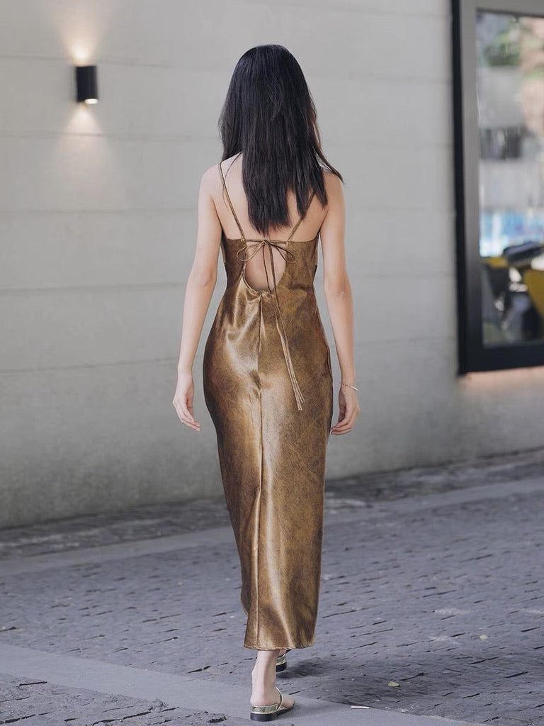 Metallic Tie Back Slip Dress in Gold – FancyAdd