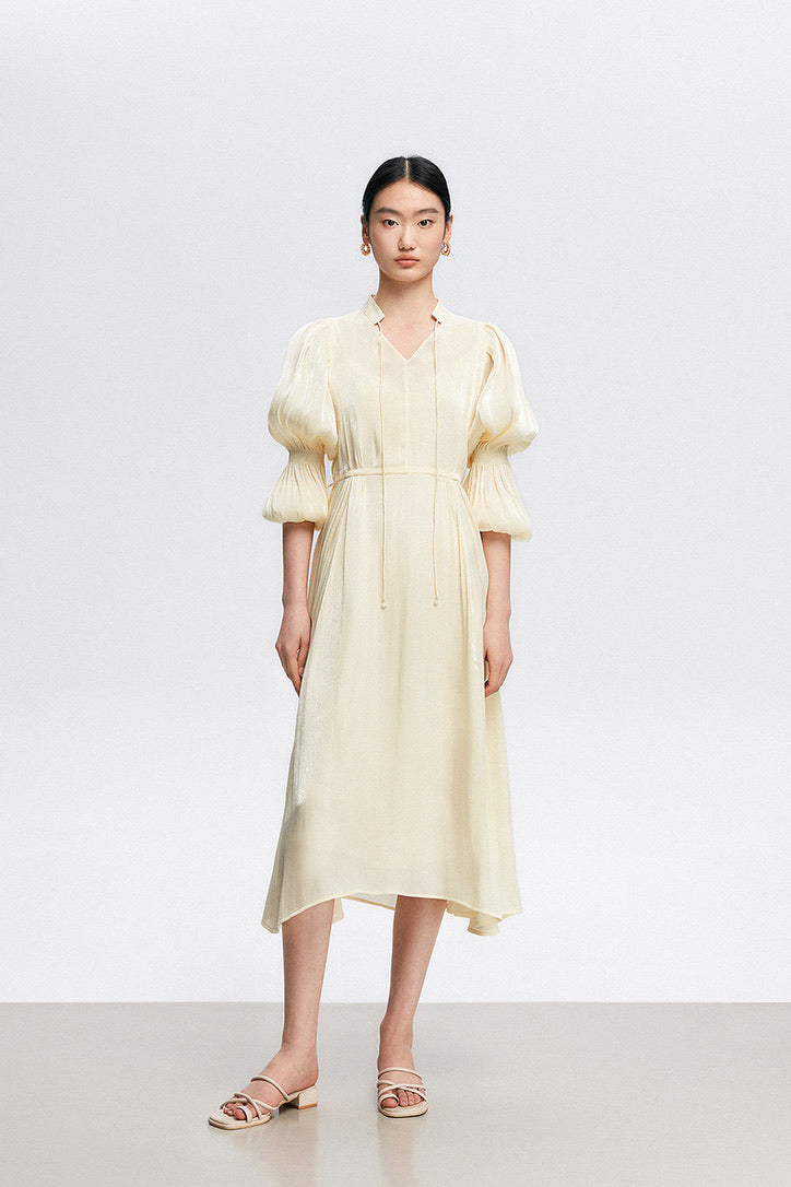 Lantern Sleeve Midi Dress in Cream  FancyAdd