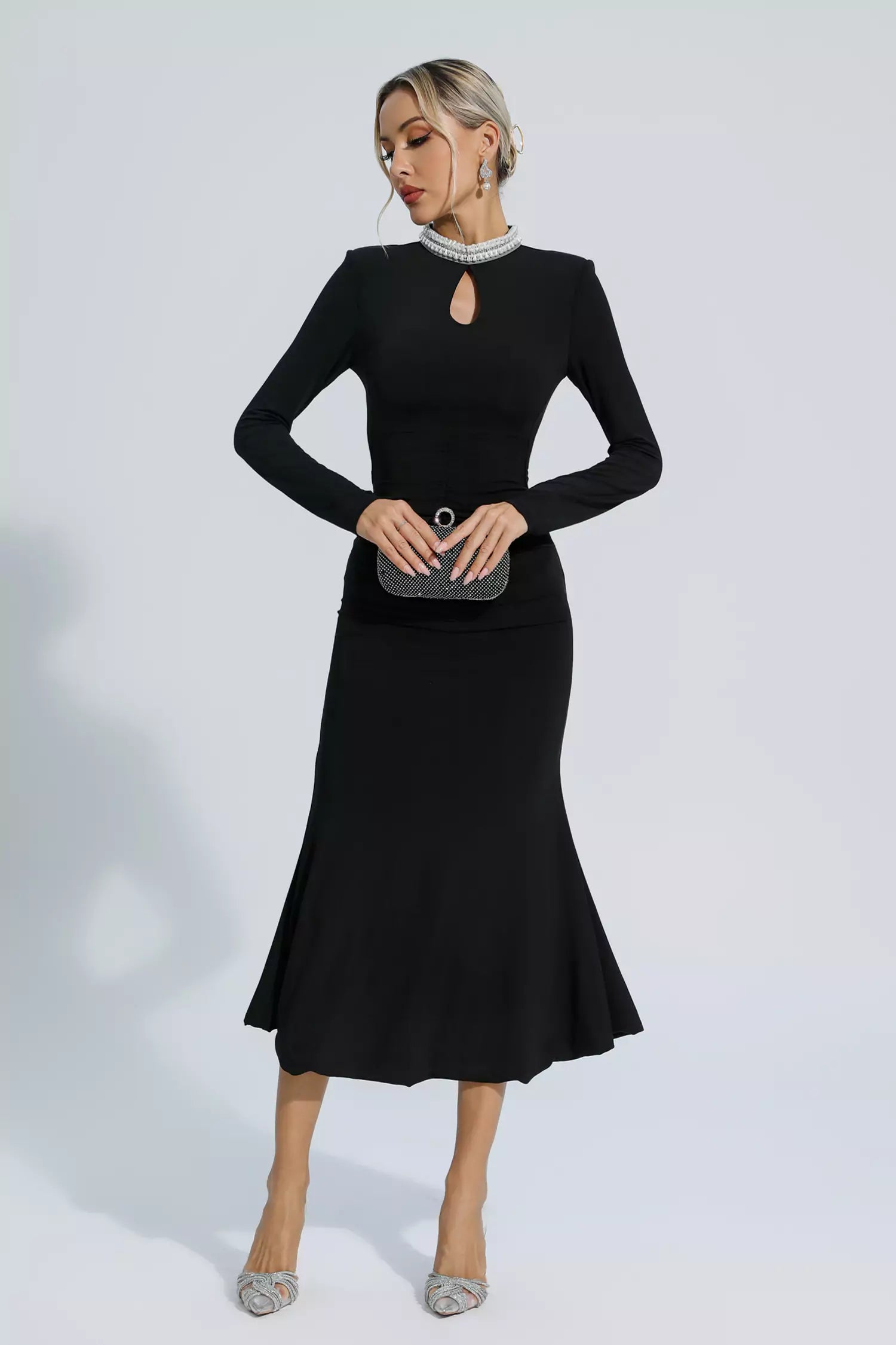 Christina Black Pearl Decorated Long Sleeve Dress – FancyAdd