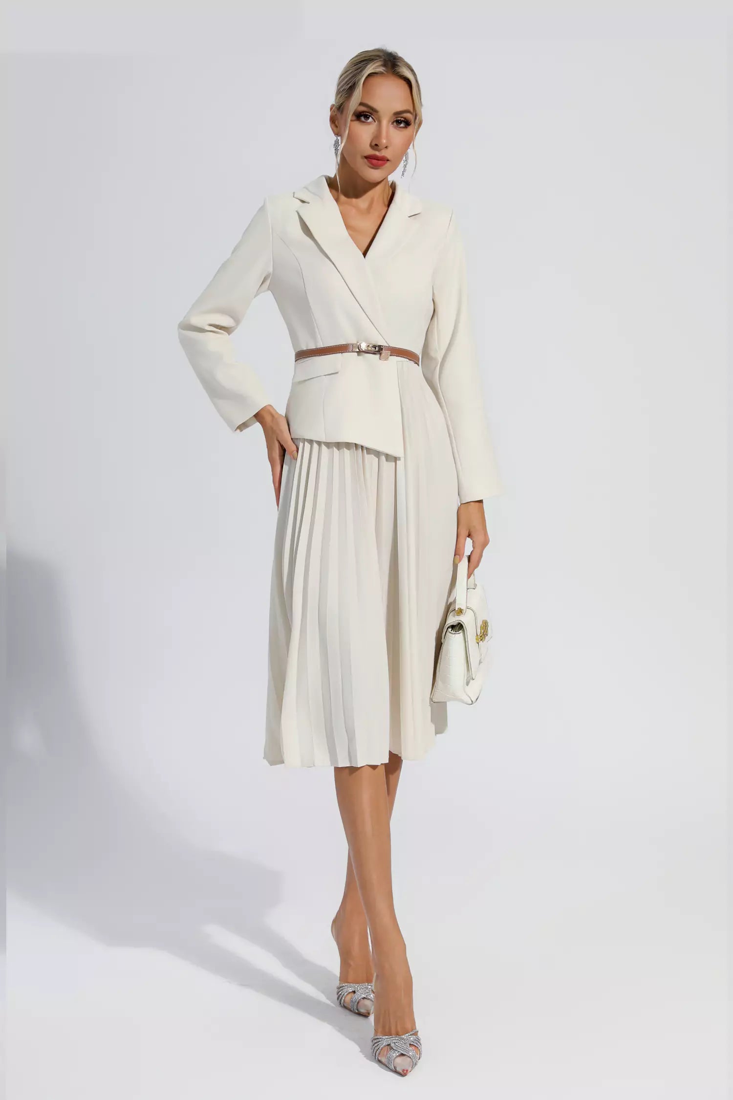 Dylan Beige Ruched Blazer Midi Dress FancyAdd Dylan Beige Ruched Blazer Midi Dress FancyAdd