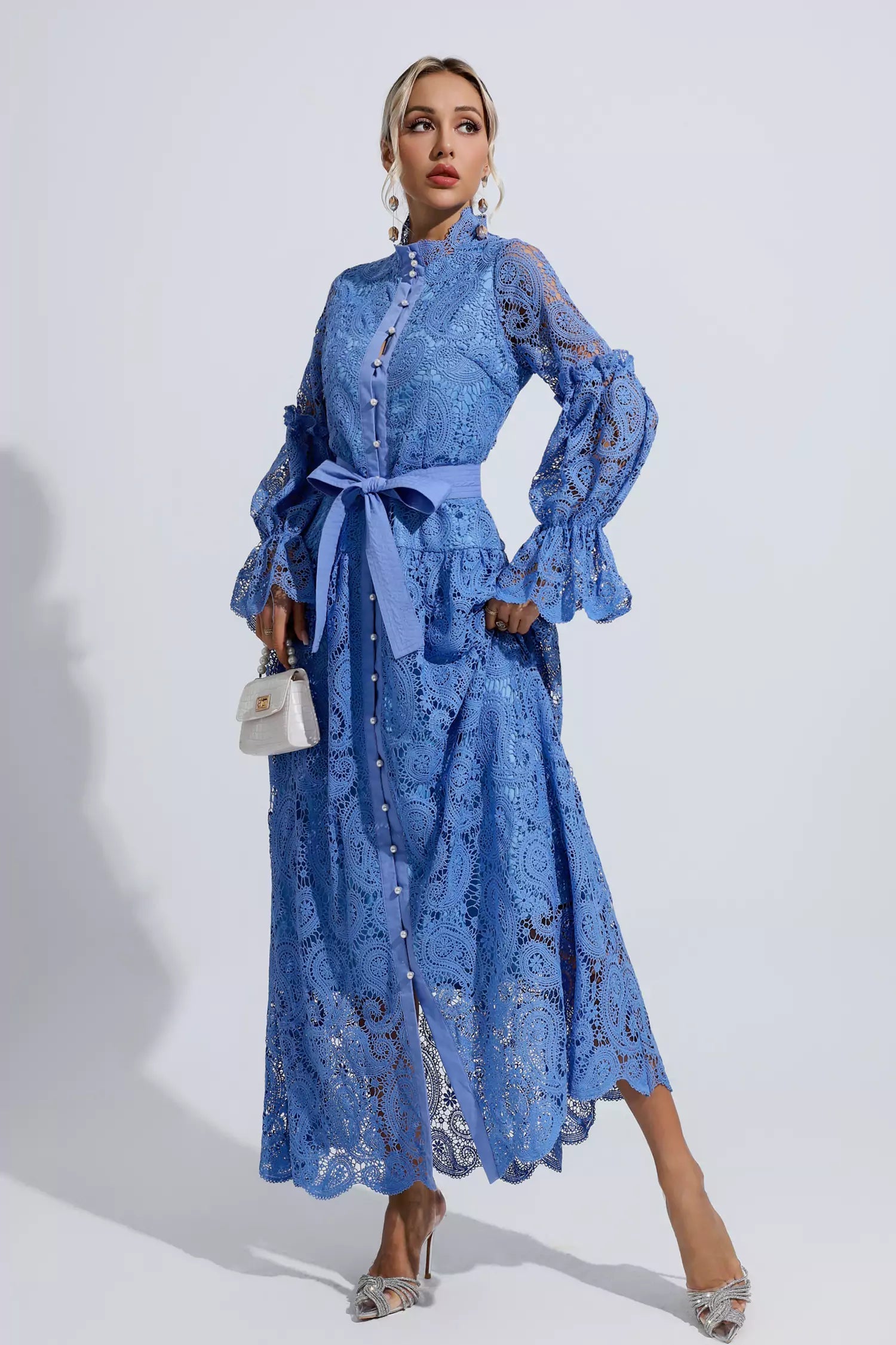 Esmeralda Blue Lace Floral Cutout Maxi Dress FancyAdd Esmeralda Blue Lace Floral Cutout Maxi Dress FancyAdd