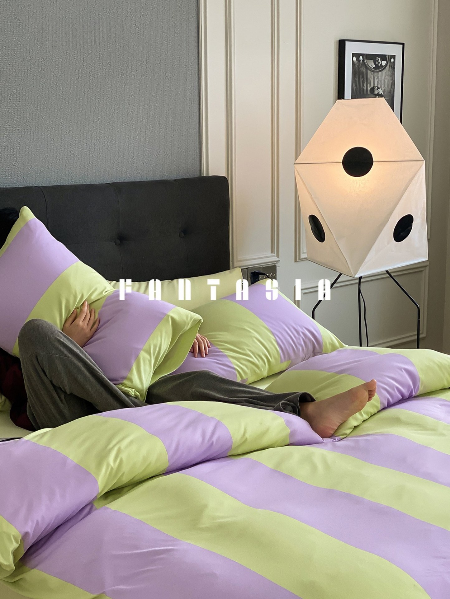 グレープヒヤシンス:パープルグリーンストライプコットンニット寝具セット