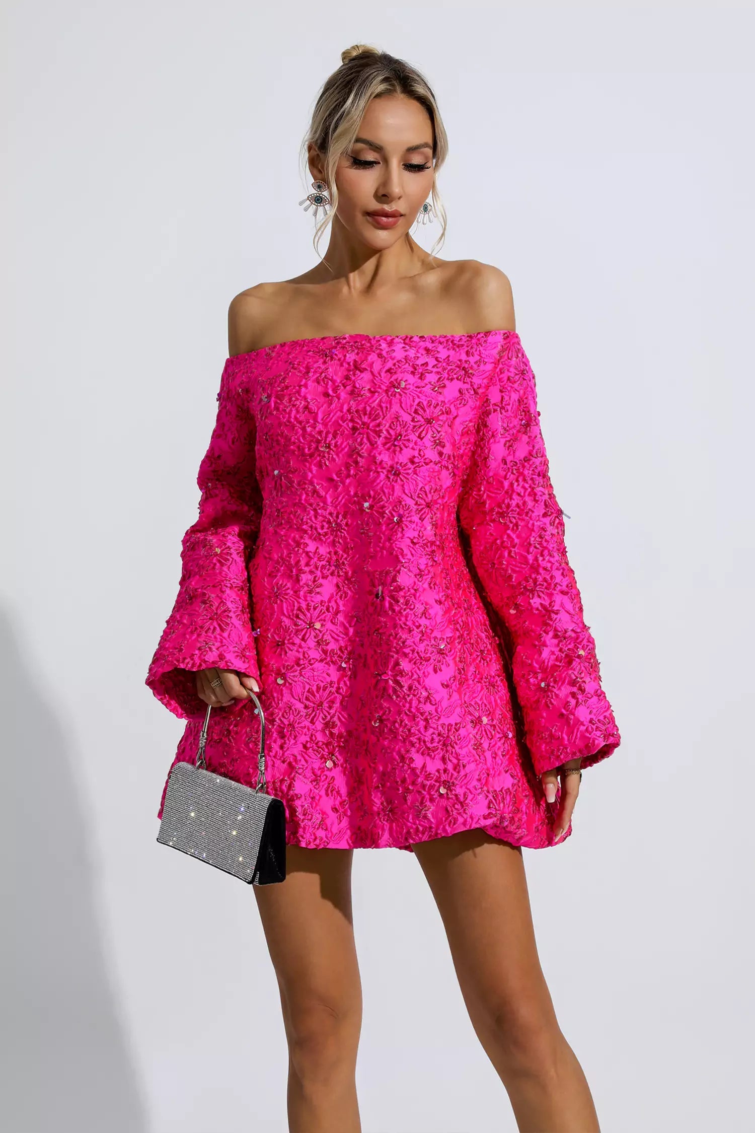 Holly Pink Off Shoulder Jacquard Floral Mini Dress FancyAdd Holly Pink Off Shoulder Jacquard Floral Mini Dress FancyAdd