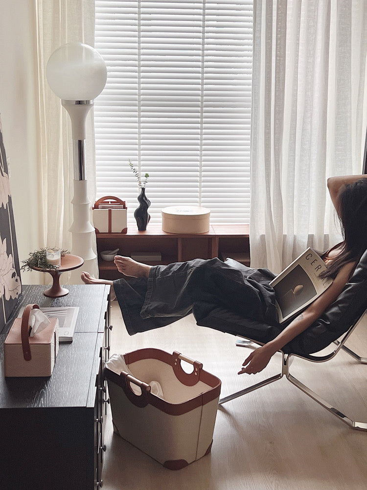 Antique White Pearl Embossed Leather Laundry Basket with Solid Wood Handle