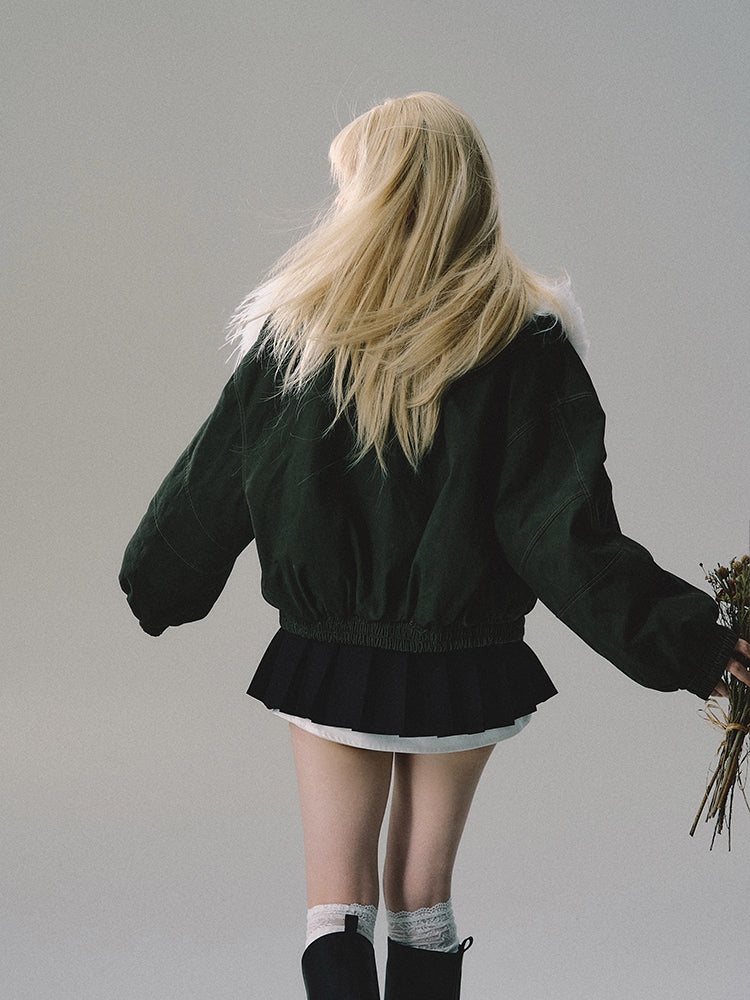 Fur Belt Vintage Plain Balloon-Sleeve Leather-Jacket