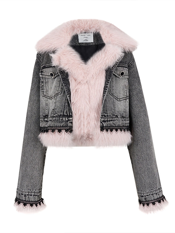 모피 귀여운 빈티지 페이디드 캐주얼 데님 재킷